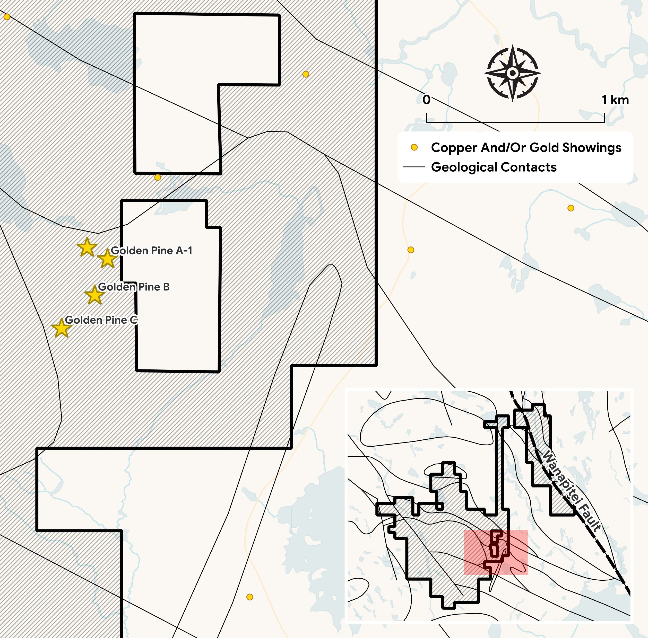 Golden Pine gold showing map, Brady Sudbury Project