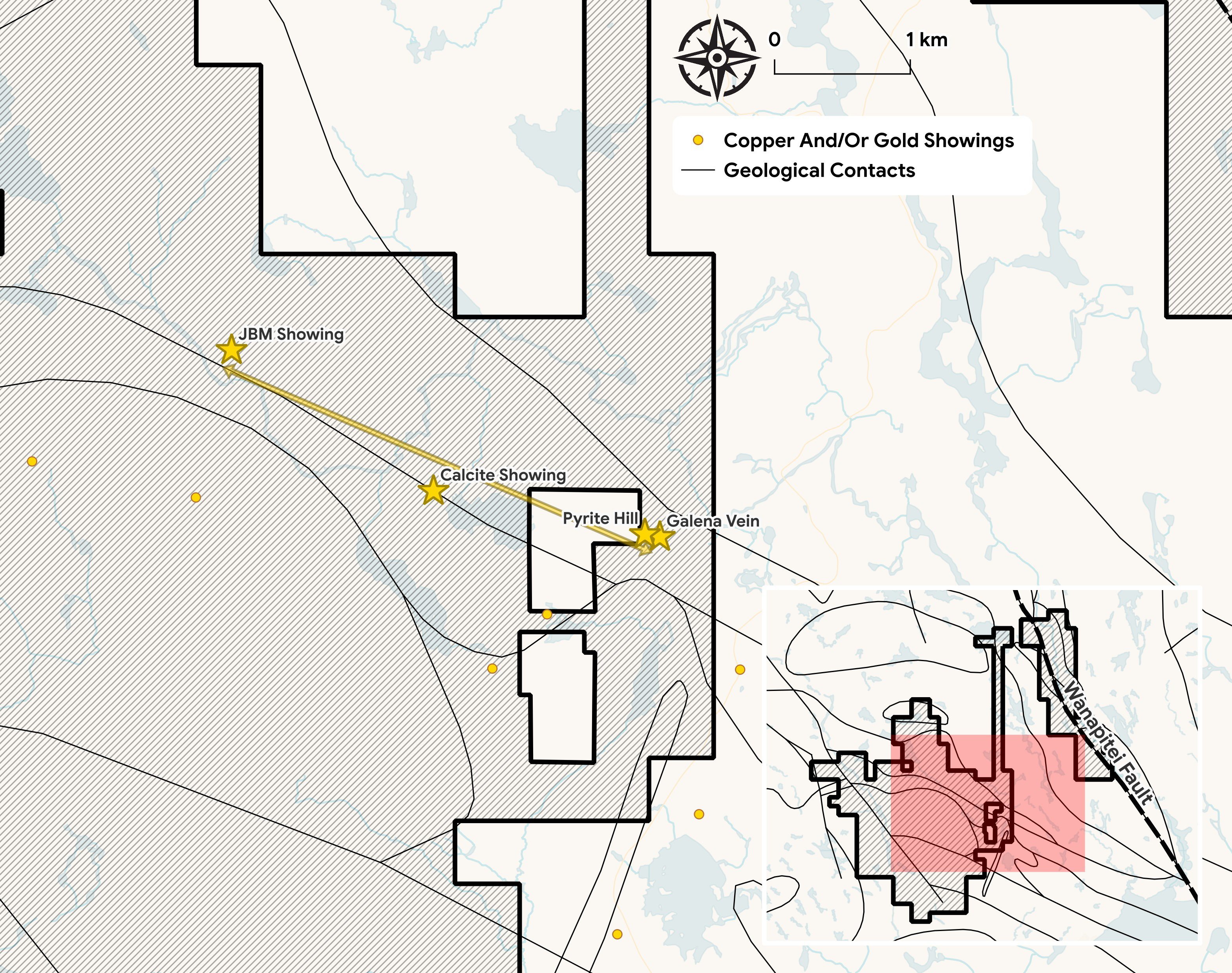 Gold on the Contact corridor and Pyrite Hill / Galena drill target map, Brady Sudbury Project
