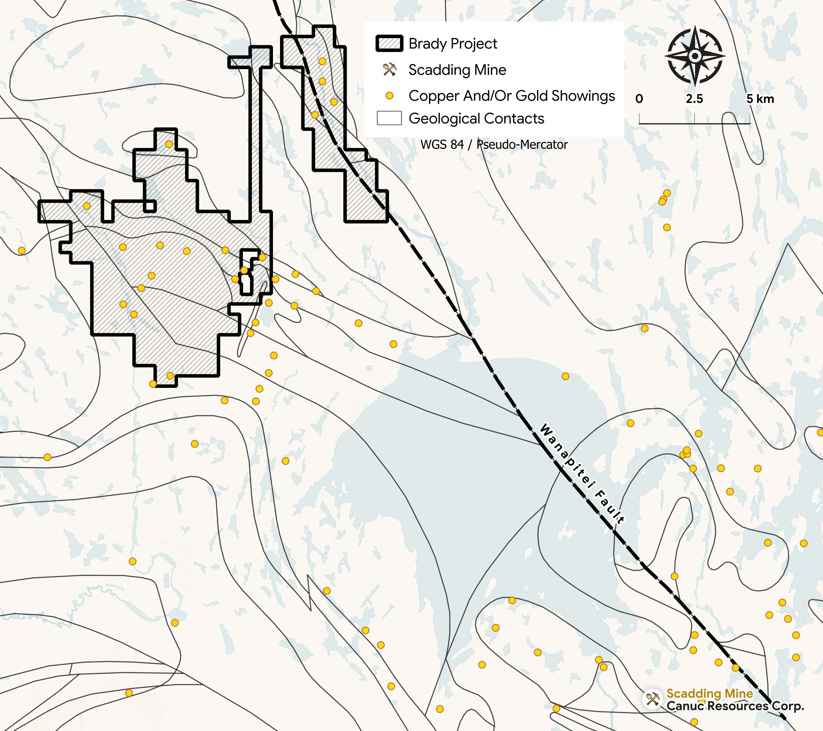 The Wanapitei Fault corridor and copper/gold showings, Brady Sudbury Project