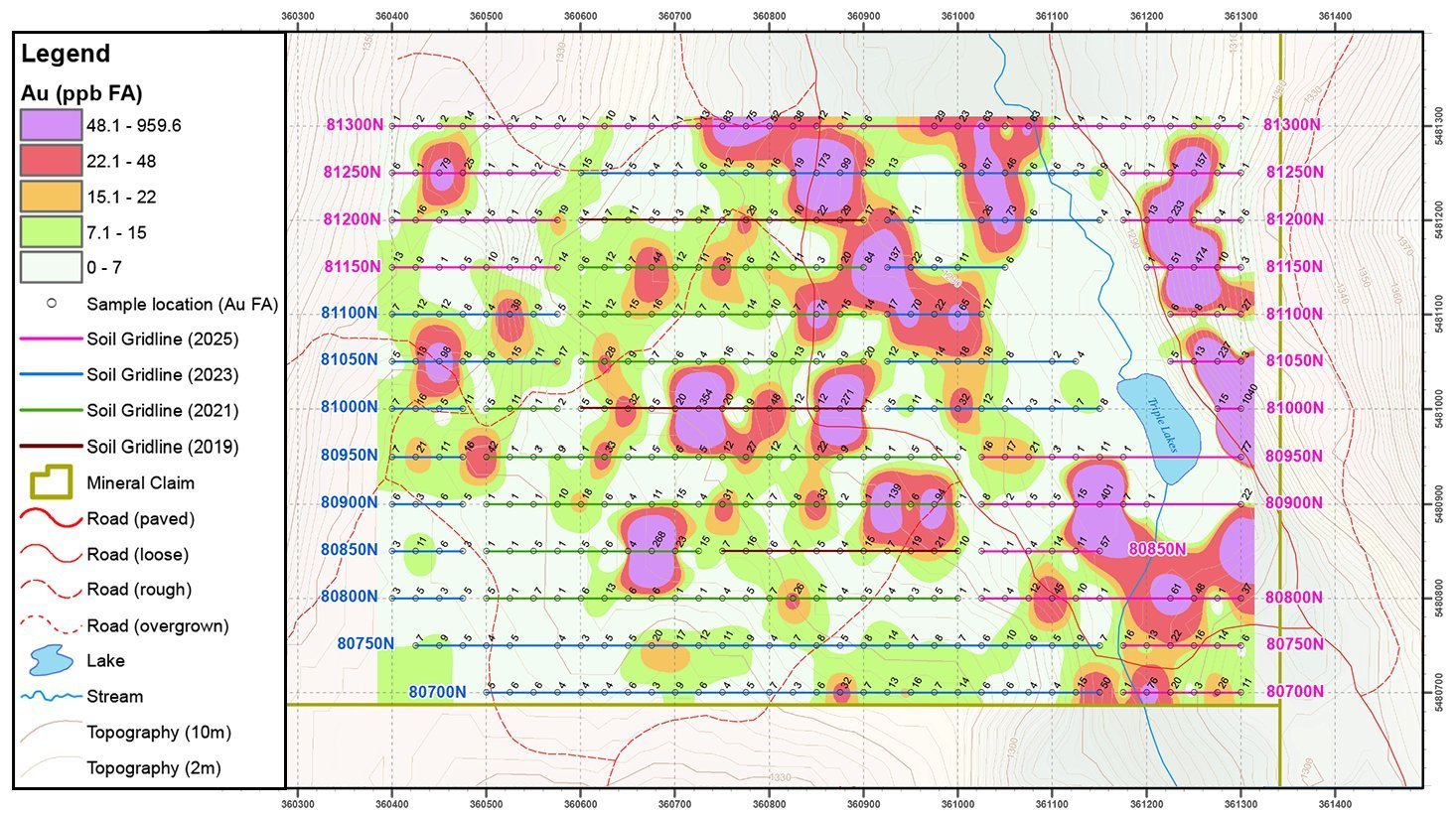 Triple R soil geochemistry and gridline map showing the OK Zone anomaly